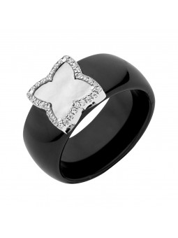 BAGUE CERAMIQUE NOIRE ET NACRE ET DIAMANTS 0,08 CT OR BL