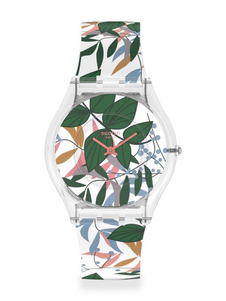 Montre Unisexe SWATCH Leaves Jungle SS08K111 - Collection Monthly Drops - Boitier matériau biosourcé transparent Montre Unisexe SWATCH Leaves Jungle SS08K111 - Collection Monthly Drops - Boitier matériau biosourcé transparent