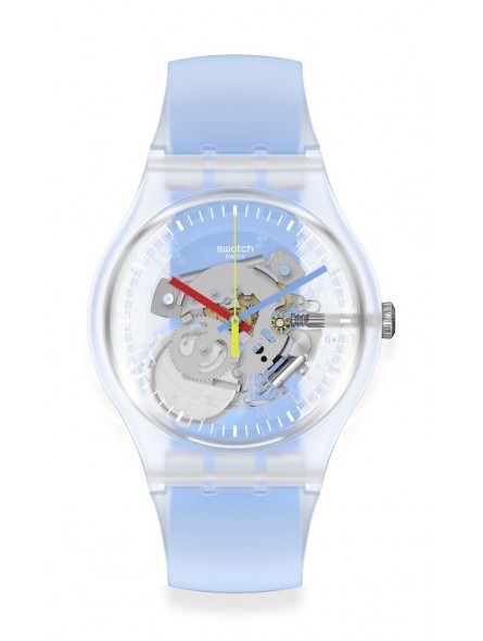 Montre Unisexe SWATCH Clearly Blue Striped SUOK156 - Collection Monthly Drops - Boitier matériau biosourcé transparent