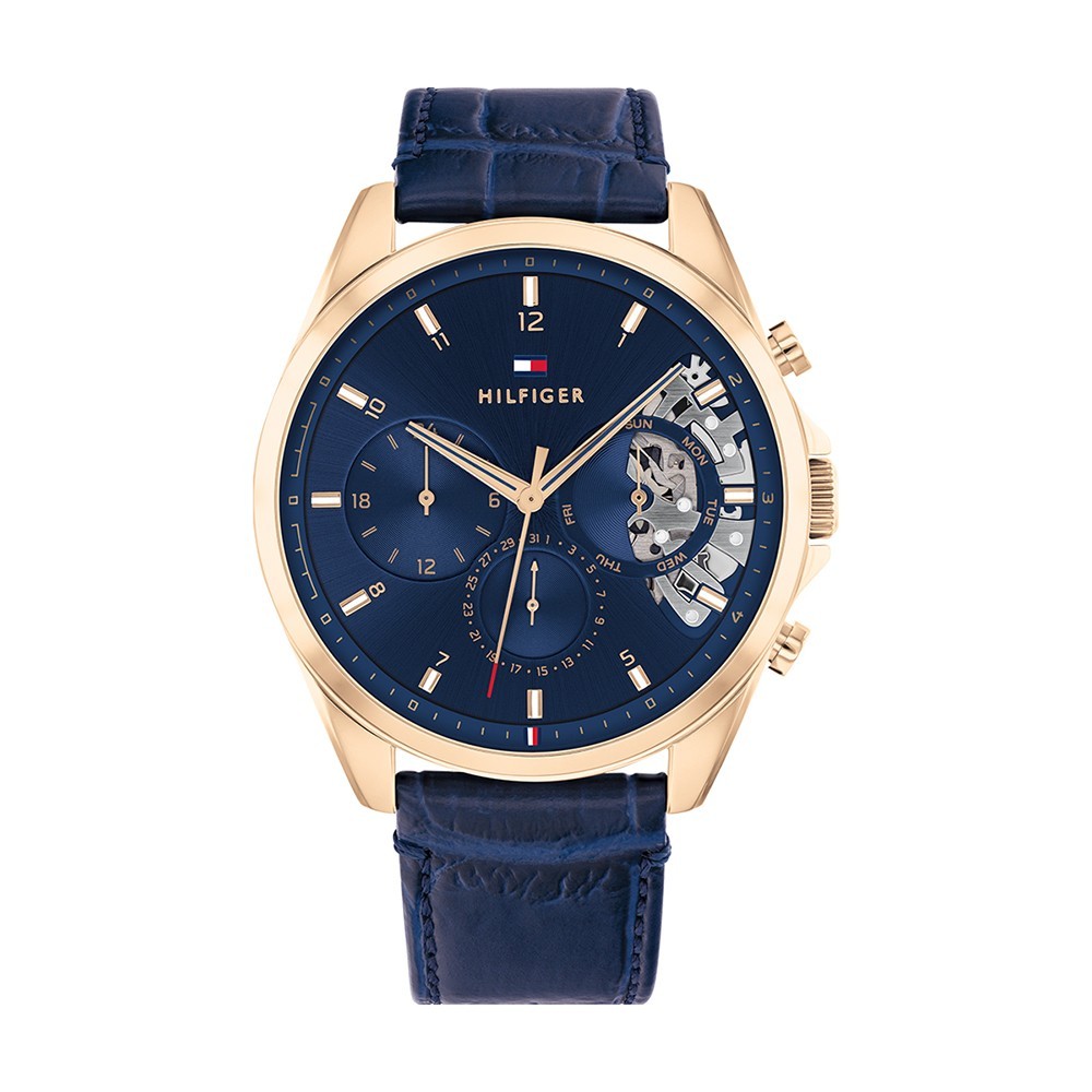 Montre Tommy Hilfiger Baker Homme - Boîtier acier Doré Rose - Bracelet Cuir Bleu