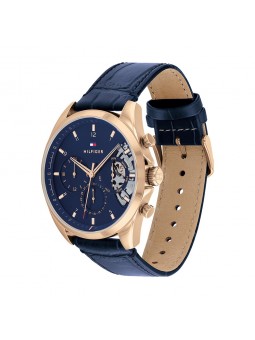 Montre Tommy Hilfiger Baker Homme - Boîtier acier Doré Rose - Bracelet Cuir Bleu