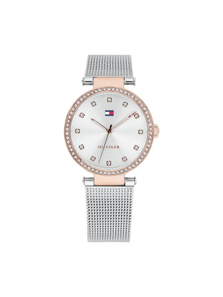 Montre Femme Tommy Hilfiger, cadran avec cristaux, bracelet maille milanaise argenté