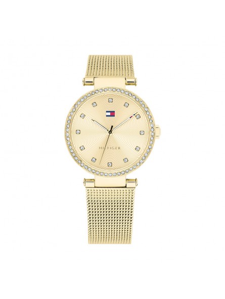 Montre Femme Tommy Hilfiger, cadran avec cristaux, bracelet maille milanaise plaqué or jaune