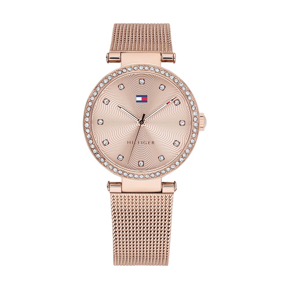 Montre Femme Tommy Hilfiger or rose, cadran avec cristaux et bracelet acier maille milanaise