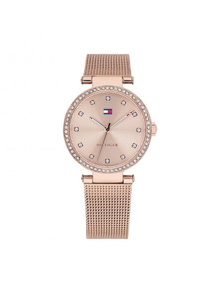 Montre Femme Tommy Hilfiger or rose, cadran avec cristaux et bracelet acier maille milanaise