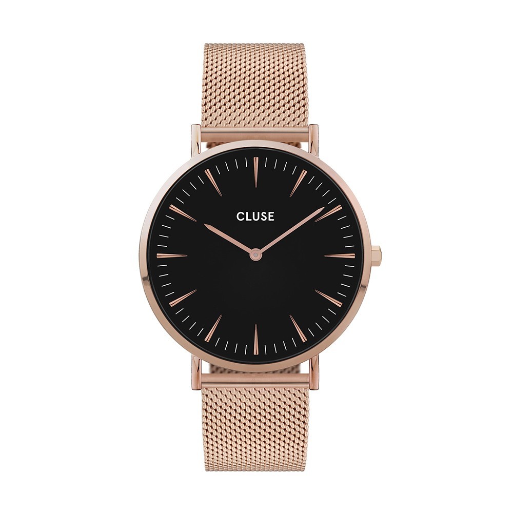 Montre Femme Cluse boho chic mesh cadran noir, bracelet or rose - CW0101201003