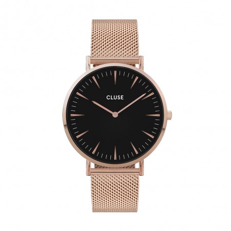 Montre Femme Cluse boho chic mesh cadran noir, bracelet or rose - CW0101201003
