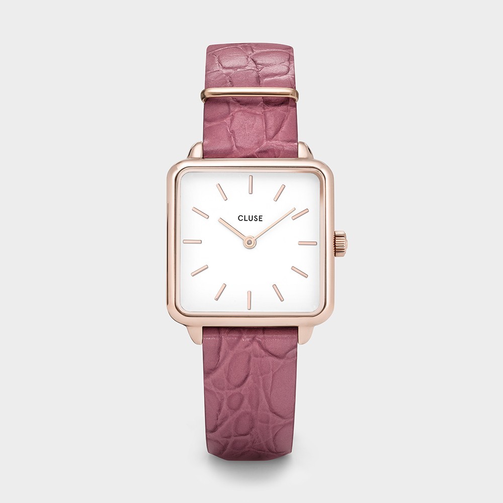 Montre Femme Cluse tétragone cadran blanc, bracelet rosé alligator - CW0101207020
