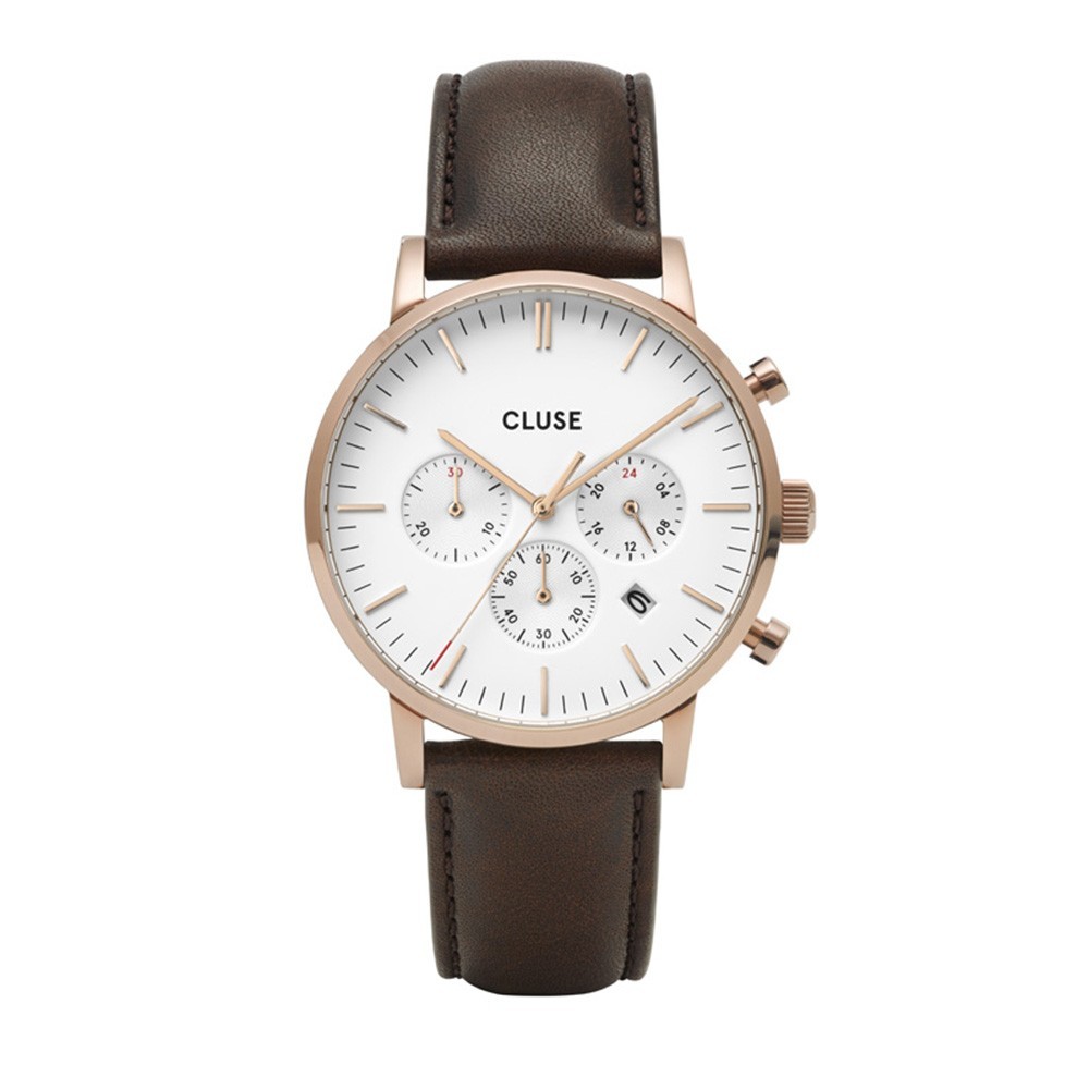 Montre Homme Cluse Aravis cadran blanc, bracelet marron - CW0101502002