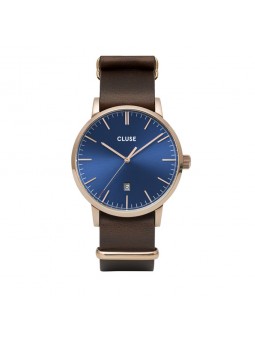 Montre Homme Cluse Aravis cadran bleu foncé, bracelet cuir nato marron - CW0101501009