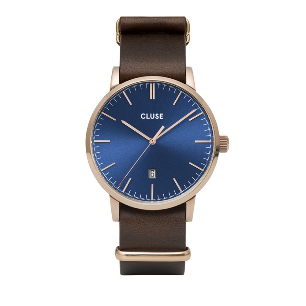 Montre Homme Cluse Aravis cadran bleu foncé, bracelet cuir nato marron - CW0101501009
