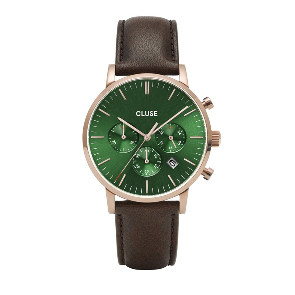 Montre Homme Cluse Aravis chrono cadran vert, bracelet cuir marron - CW0101502006