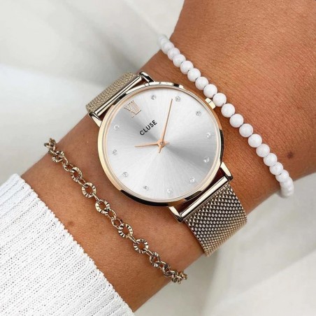 Montre Femme Cluse Minuit Mesh Crystals, Silver, Rose Gold Colour gris CW10205