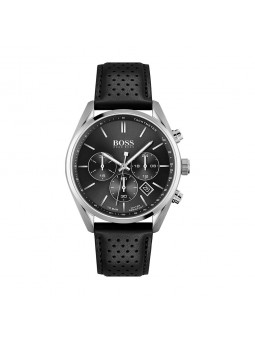 Montre Homme Hugo Boss Champion  - Boîtier acier argenté - Bracelet cuir Noir - Ref 1513816