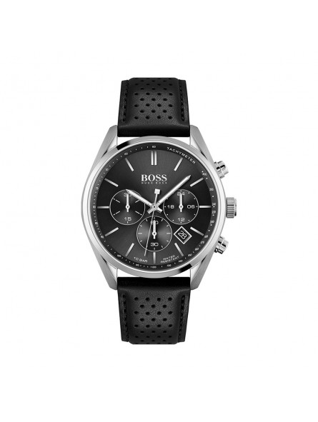 Montre Homme Hugo Boss Champion  - Boîtier acier argenté - Bracelet cuir Noir - Ref 1513816