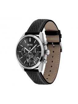 Montre Homme Hugo Boss Champion  - Boîtier acier argenté - Bracelet cuir Noir - Ref 1513816