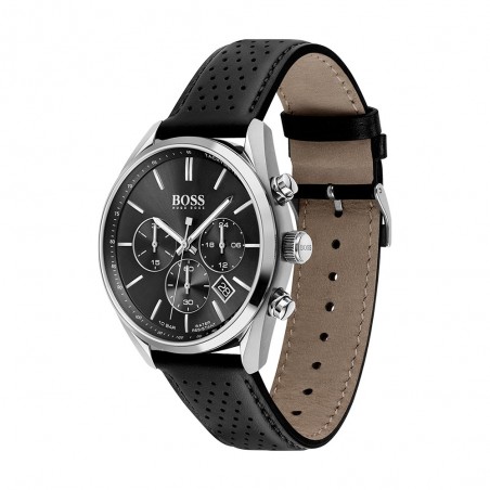 Montre Homme Hugo Boss Champion  - Boîtier acier argenté - Bracelet cuir Noir - Ref 1513816