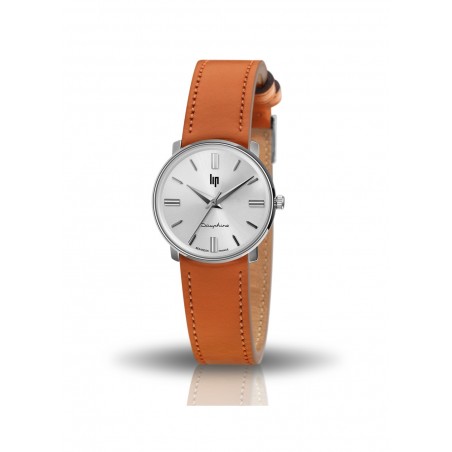 Lip Dauphine 29 mm cadran argenté - Bracelet cuir orange