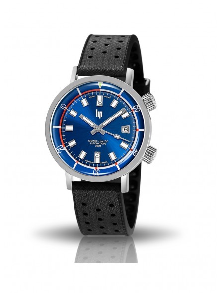 Lip Grande Nautic Auto/Saphir 41 mm cadran bleu - Bracelet caoutchouc perforé noir