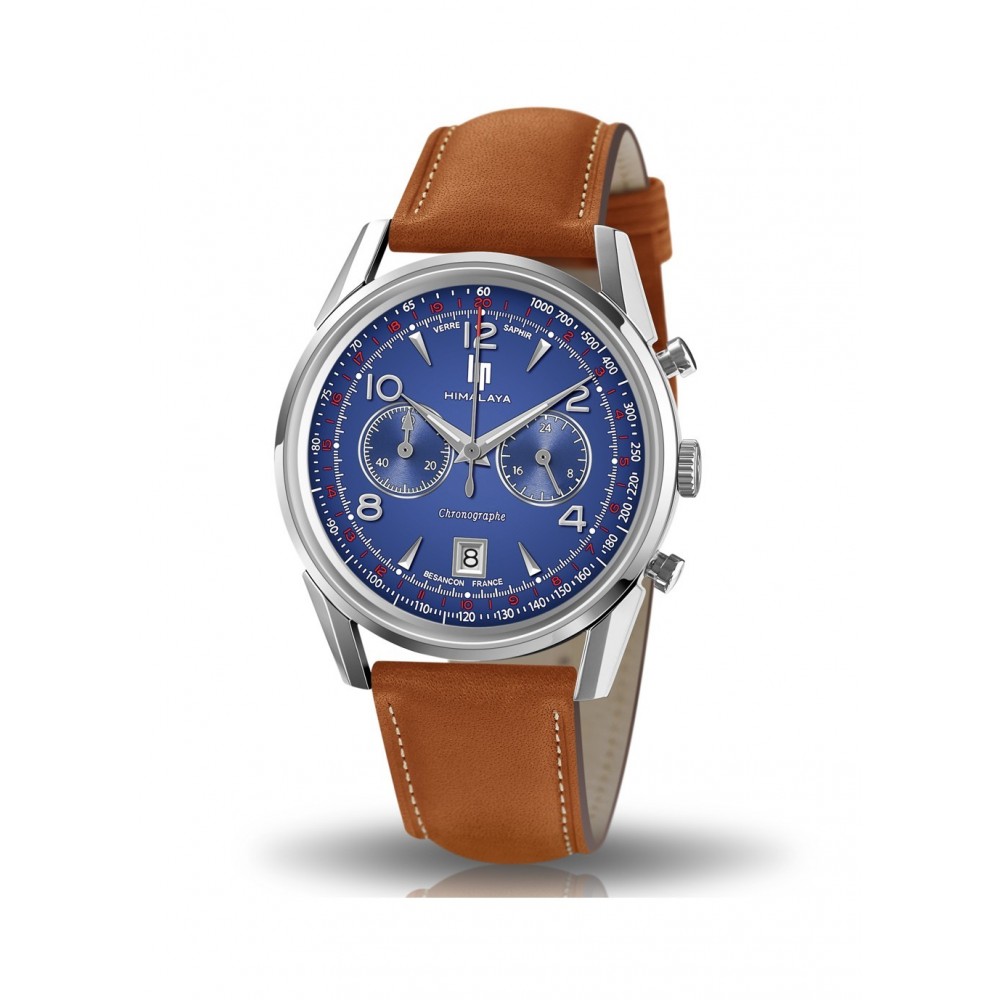 Lip Himalaya 40 mm Chronographe au cadran bleu et bracelet cuir marron clair