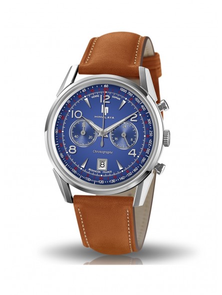 Lip Himalaya 40 mm Chronographe au cadran bleu et bracelet cuir marron clair