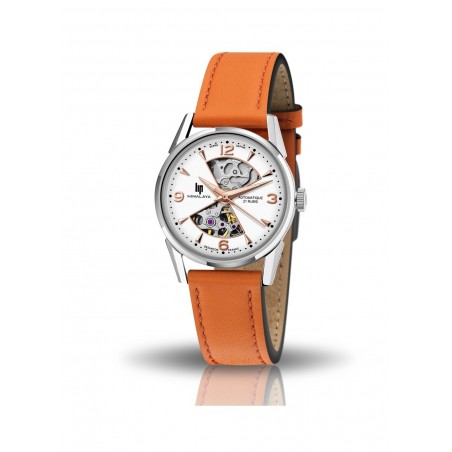 Lip Himalaya Sablier Dame 33 mm cadran blanc et bracelet cuir orange