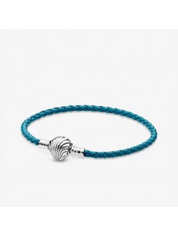 Pandora Bijou argent 925 - Bracelet en Cuir Tressé Turquoise Fermoir Coquillage 17,5 cm