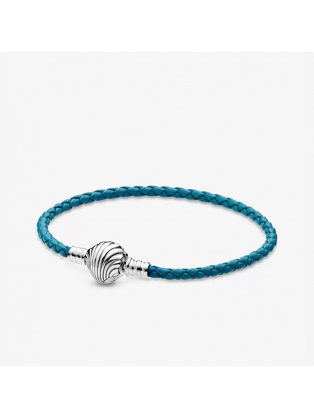 Pandora Bijou argent 925 - Bracelet en Cuir Tressé Turquoise Fermoir Coquillage 17,5 cm