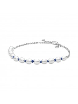 Bracelet Chaîne et Cordon Bleu Perles de Culture dEau Douce - 20 cm