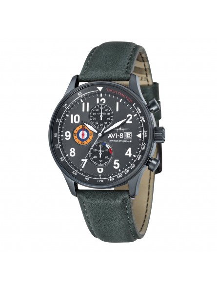 Montre Homme AVI-8 Hawker Hurricane cadran gris/bracelet cuir vert  - AV-4011-0D