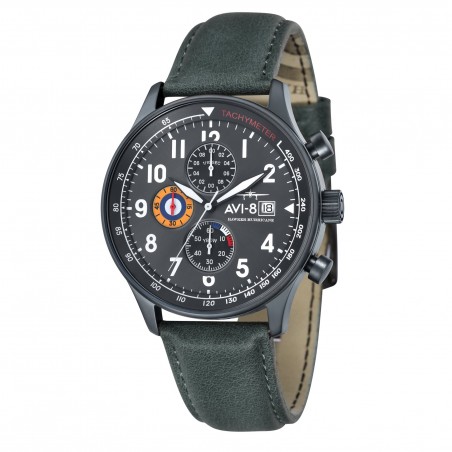 Montre Homme AVI-8 Hawker Hurricane cadran gris/bracelet cuir vert  - AV-4011-0D