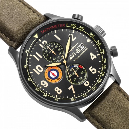 Montre Homme AVI-8 Hawker Hurricane cadran gris/bracelet cuir vert  - AV-4011-0D