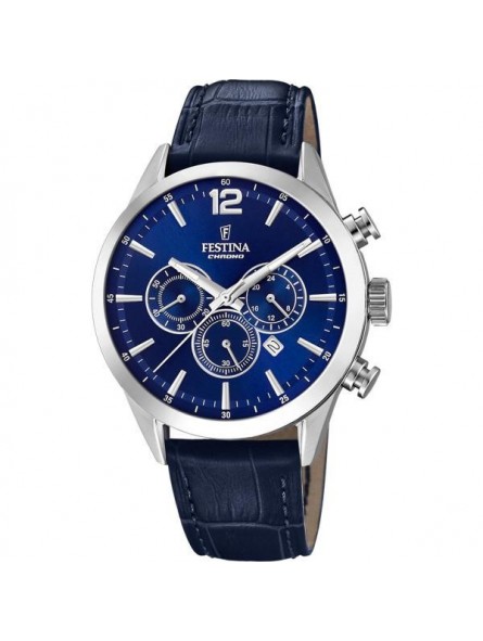 Festina - Montre Homme - Boîtier Acier Argenté - Bracelet Cuir Bleu - Ref F20542/2