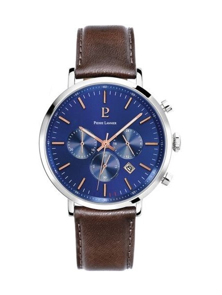 Pierre Lannier - Montre Baron Homme - Cadran bleu - Bracelet Cuir Marron - Ref 221F164