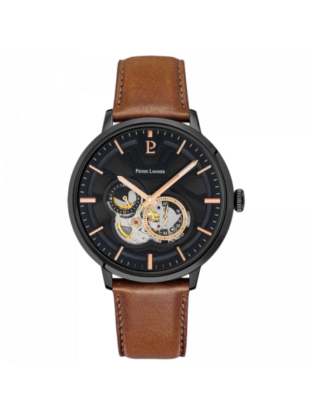 Pierre Lannier - Montre Homme Trio - Boitier Métal Noir - Bracelet Cuir Marron - Ref 335B434