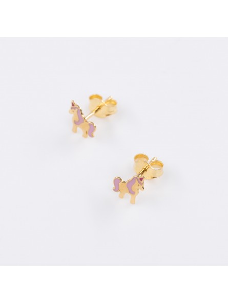 Boucles d'Oreilles Licorne Laque Rose 18 Carats - A00320