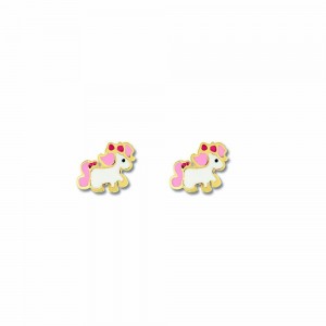 Boucles D'Oreilles Licorne, Email , Or Jaune 9K 1010502 - Marque Collection Elsass Bijouterie