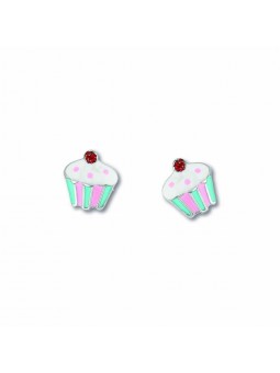 Boucles D'Oreilles Cupcake, Email , Argent Rhodié 925 1010506 - Marque Collection Elsass Bijouterie   - Couleur Blanc