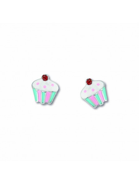 Boucles D'Oreilles Cupcake, Email , Argent Rhodié 925 1010506 - Marque Collection Elsass Bijouterie   - Couleur Blanc