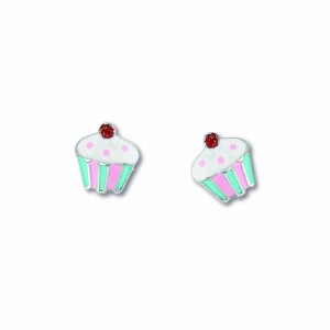 Boucles D'Oreilles Cupcake, Email , Argent Rhodié 925 1010506 - Marque Collection Elsass Bijouterie   - Couleur Blanc