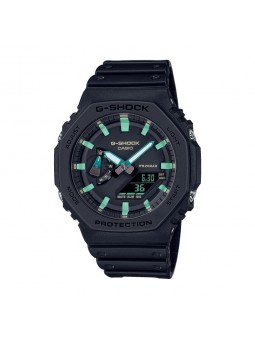 Casio - Montre noire index bleus bracelet résine noir - Ref GA-2100RC-1AER
