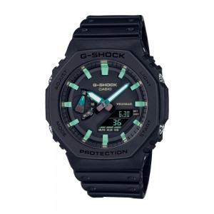 Casio - Montre noire index bleus bracelet résine noir - Ref GA-2100RC-1AER