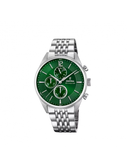 Festina - Montre Homme Timeless Chronograph - Cadran vert - Bracelet acier - Ref F20285/8