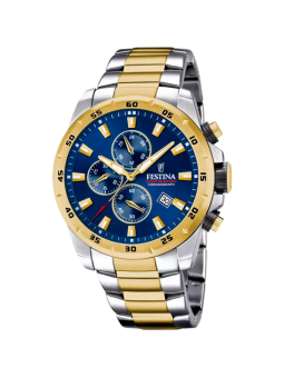 Festina - Montre Timeless Chronograph cadran bleu bracelet acier doré - Ref F20562/2
