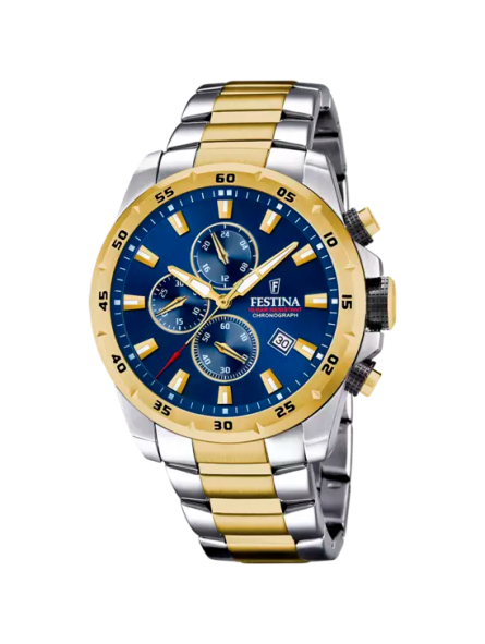Festina - Montre Homme Timeless Chronograph - Cadran bleu - Bracelet acier bicolore - Ref F20562/2