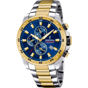 Festina - Montre Timeless Chronograph cadran bleu bracelet acier doré - Ref F20562/2