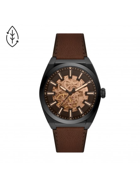 Fossil - Montre Homme - Automatique Everett - Boitier Acier PVD Noir - Bracelet Cuir Marron - Ref ME3207