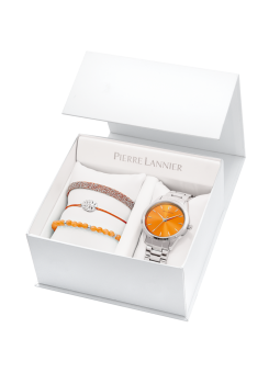 Pierre Lannier - Coffret Montre Roxane métal argenté cadran orange - Ref 376F651