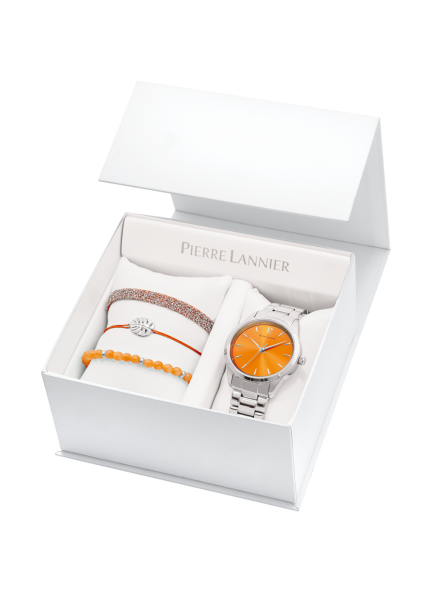 Pierre Lannier - Montre Femme - Coffret Roxane - Cadran Orange - Bracelet Acier argenté - Ref 376F651