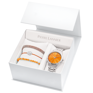 Pierre Lannier - Coffret Montre Roxane métal argenté cadran orange - Ref 376F651